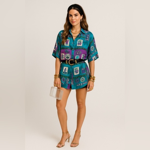 COMO Studio Vintage Artsy Hippie Tarot Print Shirt Teal Purple Rayon Size 6 - Picture 1 of 16